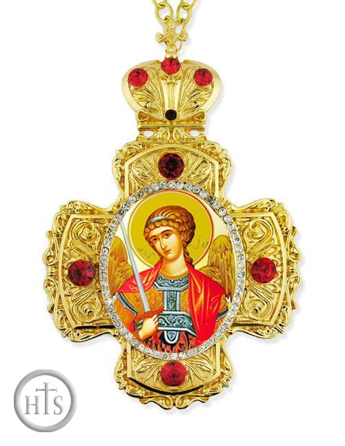 HolyTrinityStore Picture - Archangel Michael,  Faberge Style Framed Cross-Shaped Icon Pendant