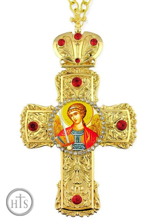 Product Pic - Archangel Michael,  Faberge Style Framed Cross-Shaped Icon Pendant