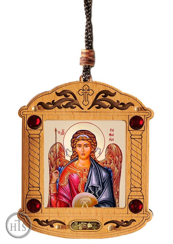 HolyTrinityStore Picture - Archangel Raphael, Wooden Icon Shrine Pendant Ornament on Rope