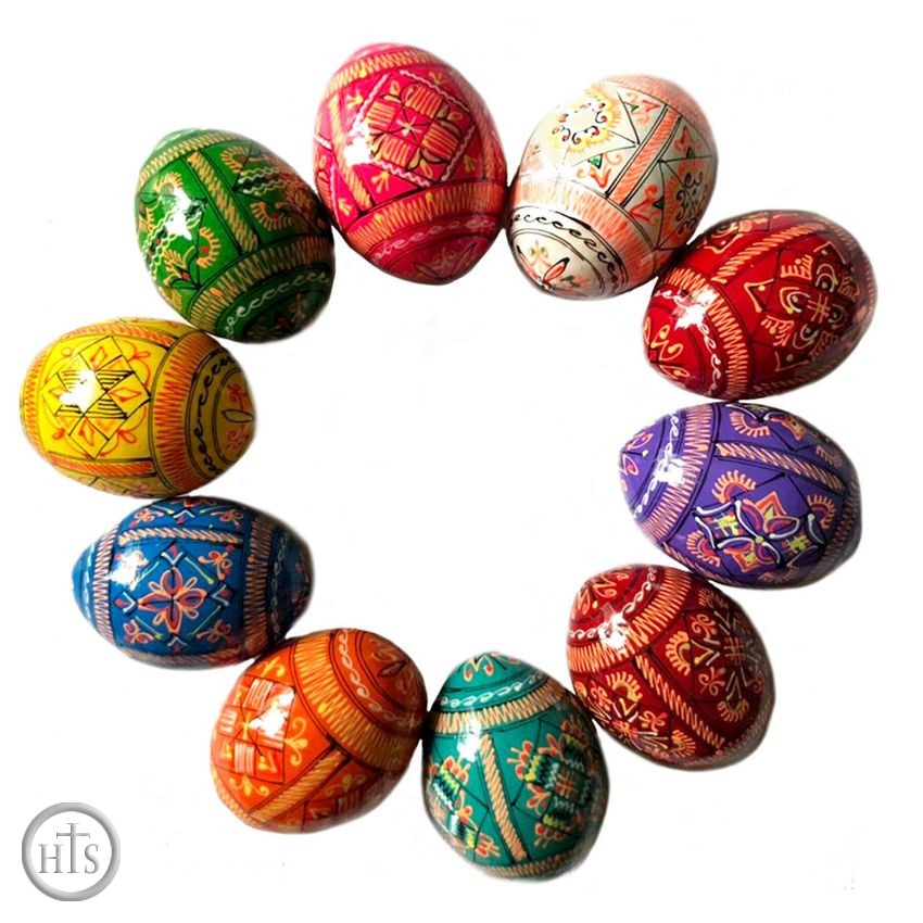 Image - Assorted Colorful Ukrainian Pysanky Wooden Eggs, Set of 12
