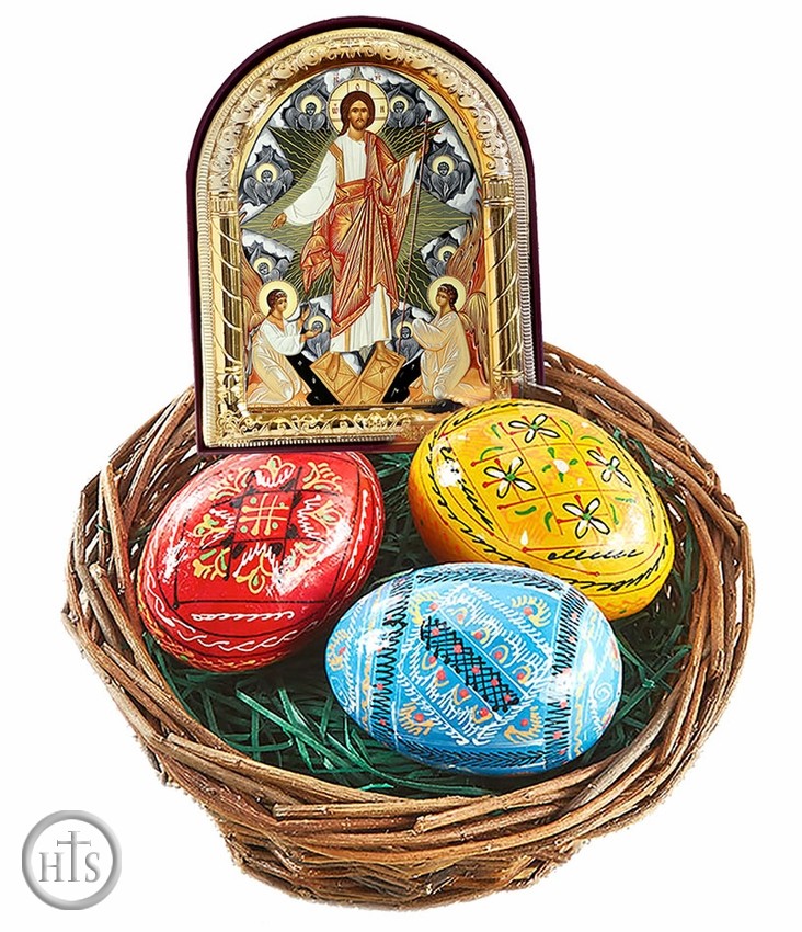 Picture - Set of the Basket, 3 Pysanky Eggs and Resurrection Icon 