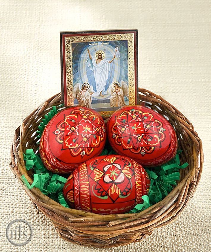 Product Image - Set of the Basket, 3 Ukrainian Pysanky Eggs and Resurrection Icon 
