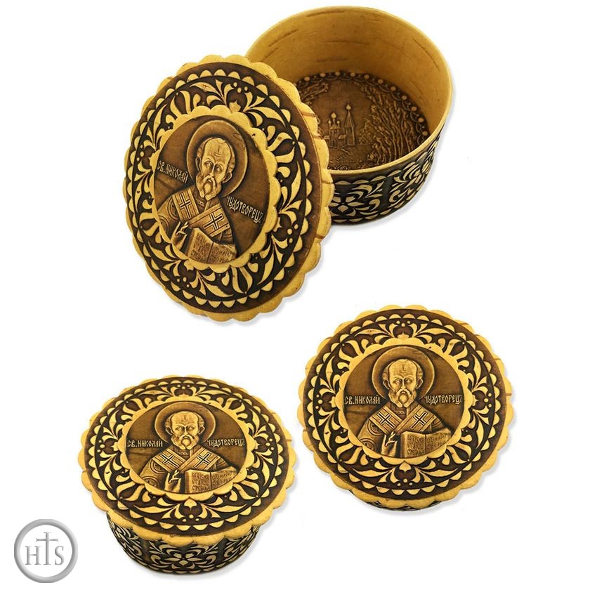 Pic - Round Birch Box with Icon of St. Nicholas, Hand Made 