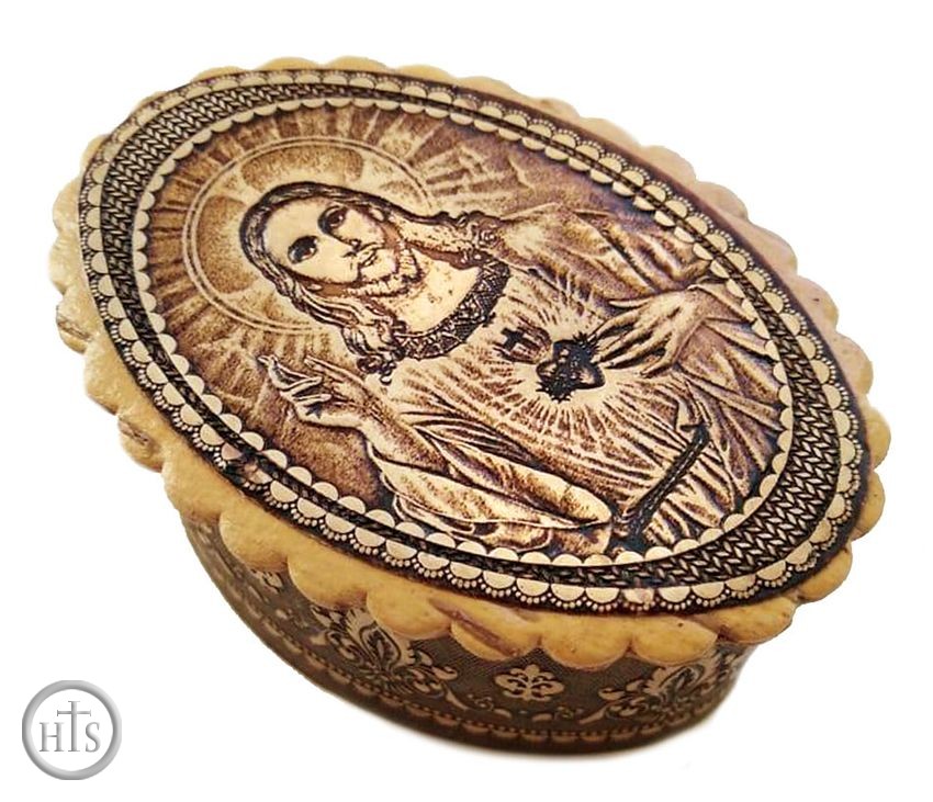 Product Picture - Oval Birch Box with Image of Sacred Heart of Jesus