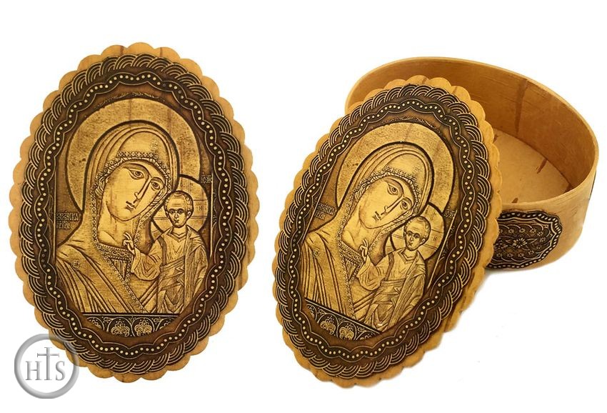 Photo - Oval Birch Box with  Icon of Virgin of Kazan, Hand Made 
