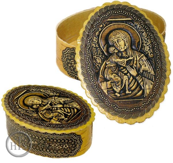 Pic - Oval Birch Box with  Icon of Virgin of Vladimir, Hand Made 