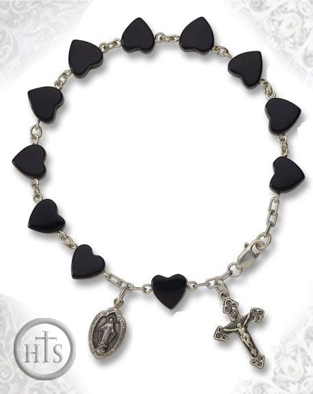 HolyTrinity Pic - Black Onyx Heart Bead Bracelet with Silver Cross and  Medal