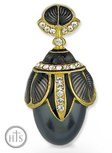 HolyTrinityStore Image - Faberge Style Egg Pendant with Black Pearl, Sterling Silver,  Gold Finish