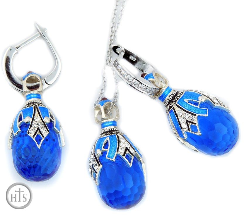 Product Photo - Blue Topaz  Set of Earrings with Egg Pendant,  Silver, Gold Plated
