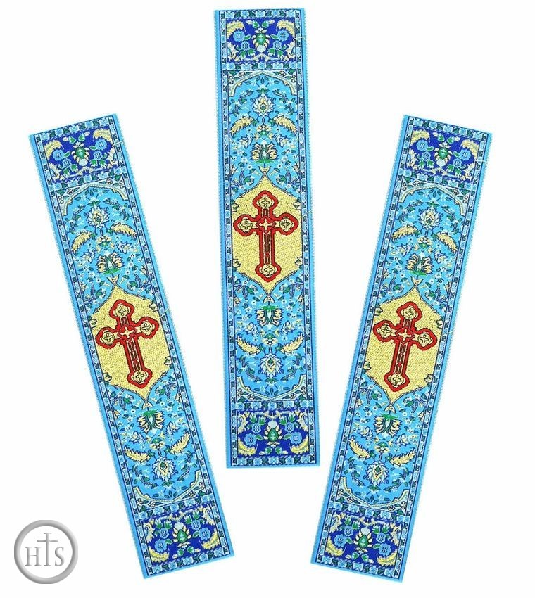 Photo - Set of 3 Tapestry Icon Book Markers with Byzantine Cross, Blue 