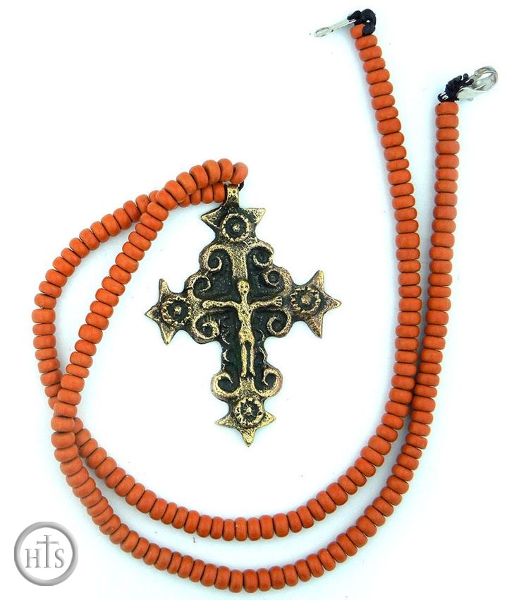 HolyTrinityStore Photo - Bronze Cross With Corpus Crucifix and Beaded Clay Ceramic Chain