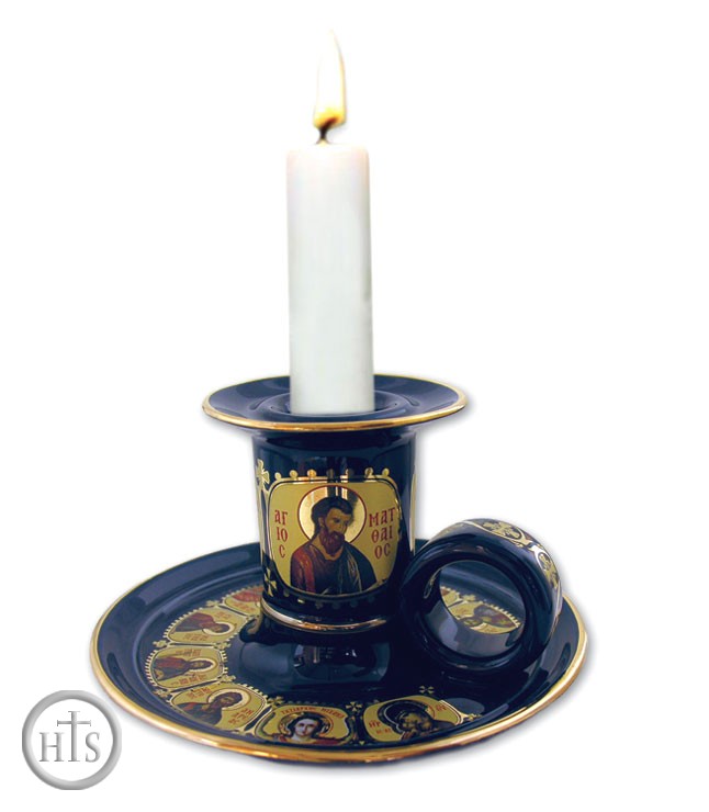 Product Pic - Candle Holder, Decorated With 24 kt Gold. Blue. 