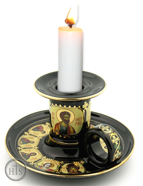 HolyTrinityStore Picture - Candle Holder, Decorated With 24 kt Gold. Black