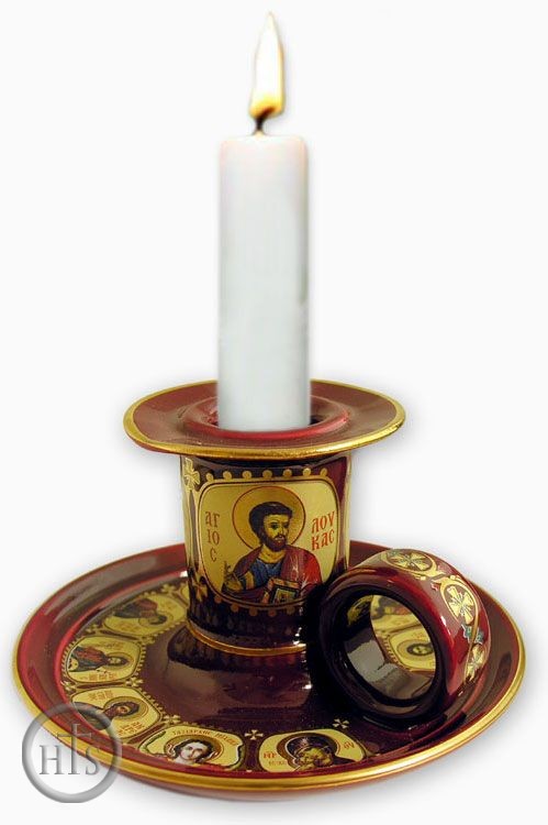 Product Image - Candle Holder, Decorated With 24 kt Gold. Red.  
