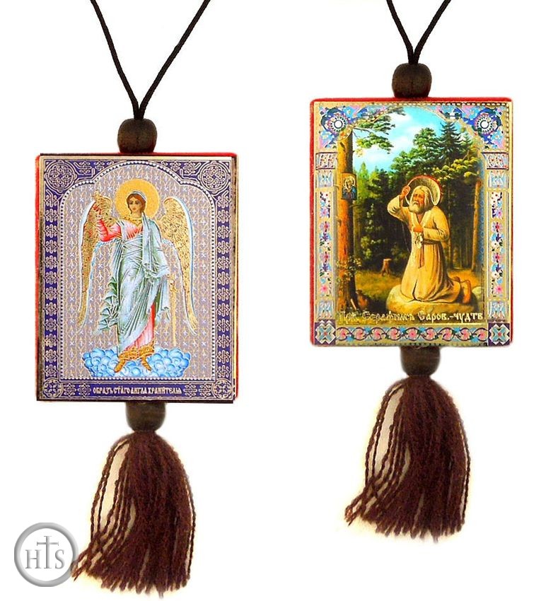 HolyTrinityStore Photo - Guardian Angel and  St. Seraphim, Reversible Car Icon on Rope