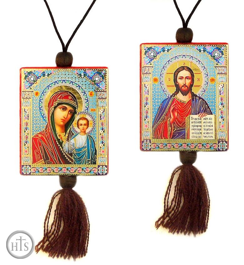 HolyTrinity Pic - Christ The Teacher & Virgin of Kazan   Reversible Car Icon on Rope
