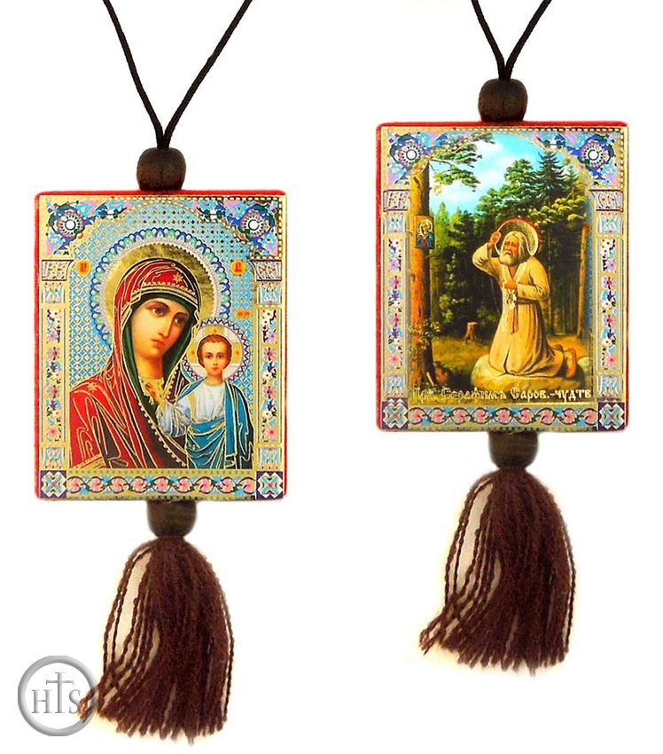 HolyTrinityStore Picture - Virgin of Kazan   &  St. Seraphim Reversible Car Icon on Rope