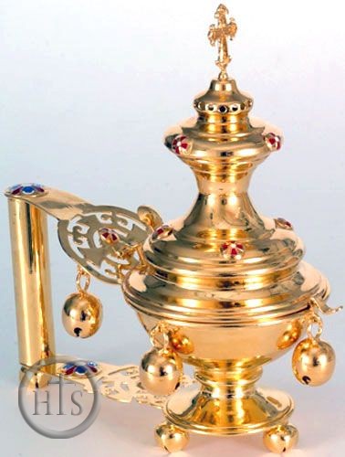 HolyTrinityStore Photo - Hand Censer, Enameled with Bells, Gold Plated