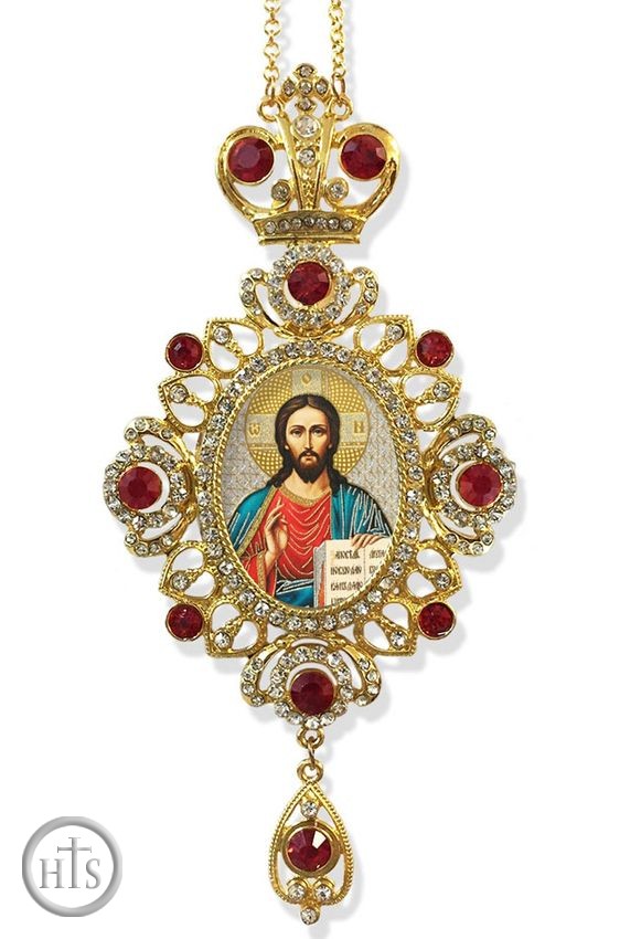 Pic - Christ The Teacher,   Jeweled Icon Ornament / Red Crystals