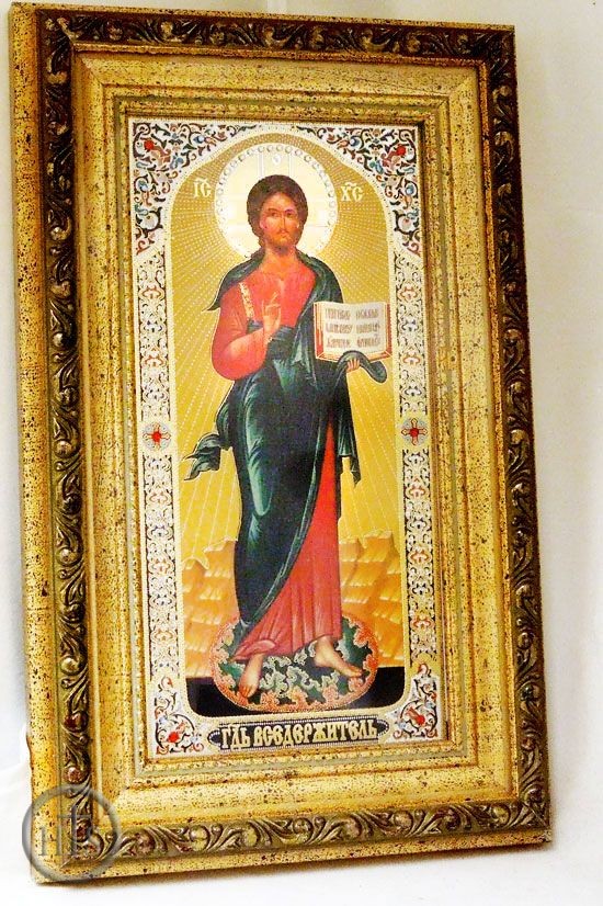 Product Photo - Christ  Almighty, Orthodox Gold Framed Panel Icon with Crystals and Glass 