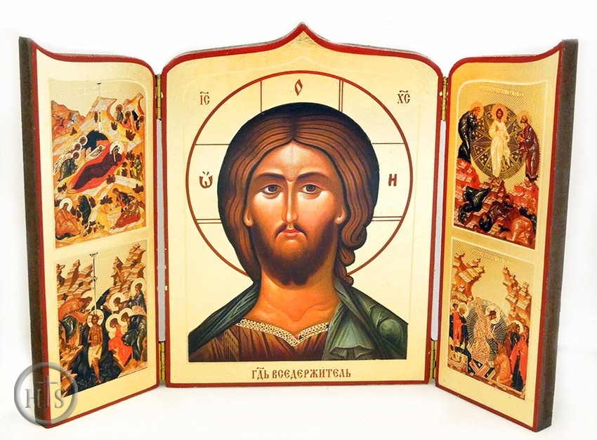 Picture - Christ Almighty with Feast Days, Hand Enhanced Serigraph Icon Triptych