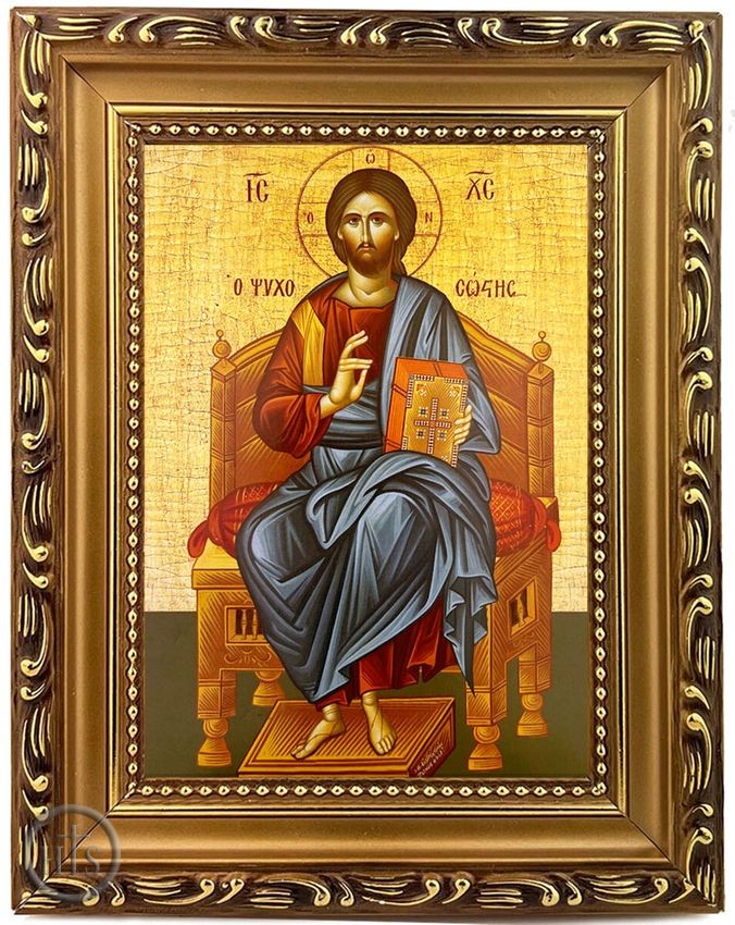 Product Picture - The Christ Blessing, Wooden Frame Gold Foil Icon with Stand