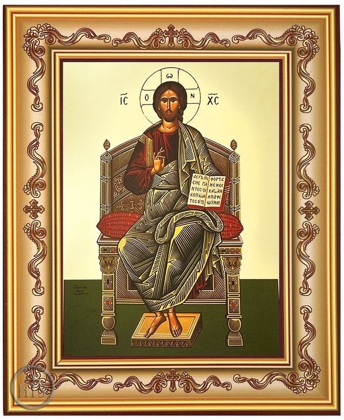 HolyTrinityStore Picture - Christ Blessing, Enthroned, Framed Greek Byzantine Icon with Stand