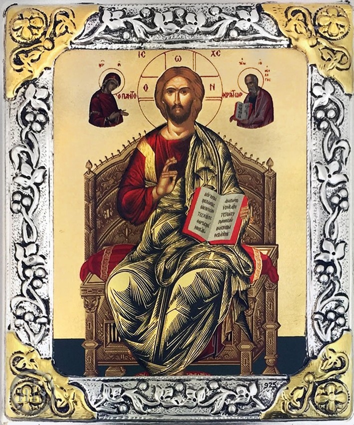 HolyTrinityStore Image - Christ Enthroned,  Serigraph Icon in  Silver / Gold Plated Oklad