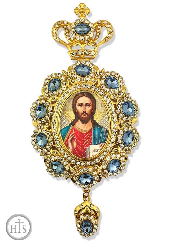 Product Image - Christ The Teacher,   Enameled Jeweled Icon Ornament / Blue Crystals