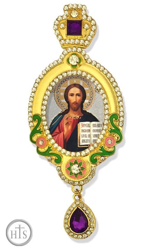 Image - Christ The Teacher,  Jeweled Icon Ornament, Yellow Frame with Purple Crystals
