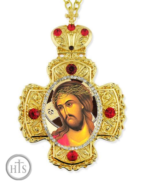 Product Pic - Christ Extreme Humility,  Faberge Style Framed Cross-Shaped Icon Pendant