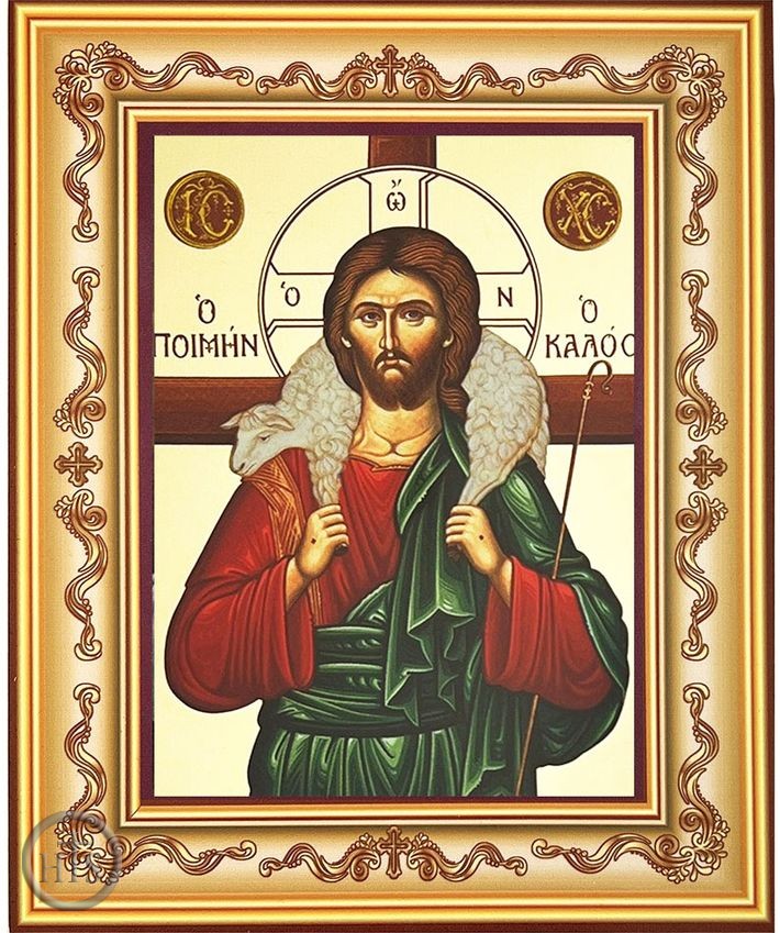 HolyTrinityStore Image - Christ The Good Shepherd, Byzantine Greek Orthodox Icon in Frame 
