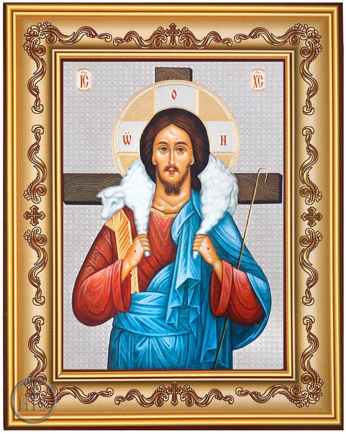 HolyTrinityStore Picture - Christ The Good Shepherd, Orthodox Gold Foil Icon in Frame 