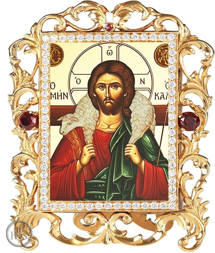 Picture - Christ The Good Shepherd, Jeweled Framed Greek Icon With Stand and Chain
