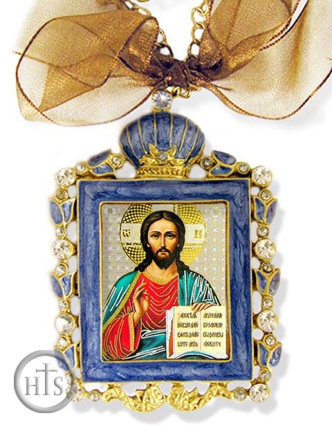 Product Photo - Christ The Teacher, Faberge Style Framed Icon Ornament, Blue