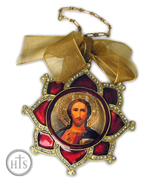 HolyTrinityStore Photo - Christ The Teacher, Enamel  Icon Pendant, Faberge Style, Red
