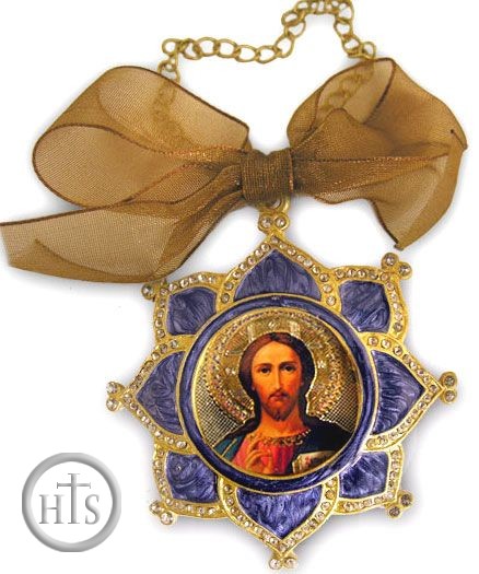 HolyTrinityStore Picture - Christ The Teacher, Enamel  Icon Pendant, Faberge Style, Blue