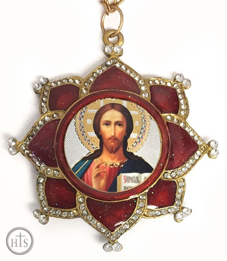 Product Picture - Christ The Teacher, Framed Enamel Icon Ornament, Red