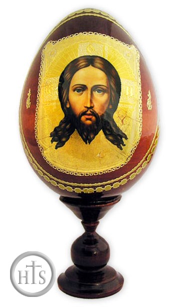 Picture - Christ  &quot;Not Made by Hands&quot; Decoupage Wood Icon Egg 
