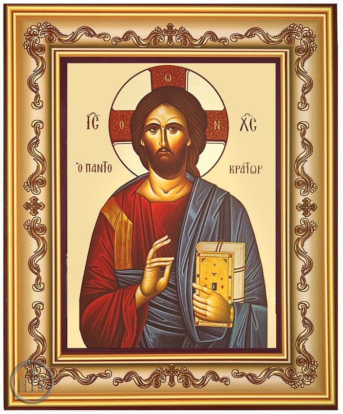 Product Photo - The Christ Pantocrator, Greek Byzantine Icon in Frame with Stand
