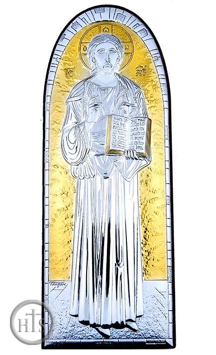 Product Pic - Christ The Teacher, Silver / Gold Plated, Wooden Base Icon with Stand