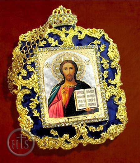 HolyTrinityStore Photo - Christ the Teacher, Square Shaped Ornament Icon Pendant, Blue