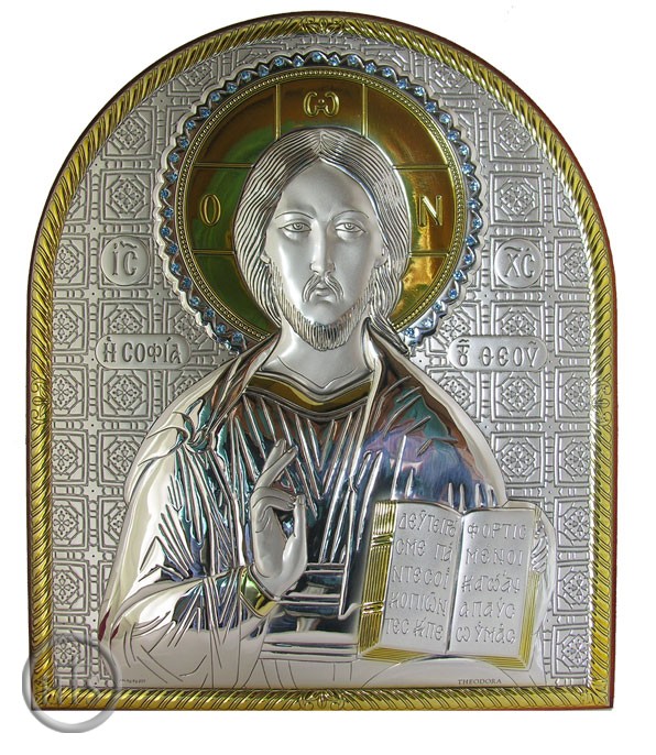 HolyTrinityStore Image - Christ the Teacher, Orthodox Icon with Silver Crystals,  from  Greece/Italy 