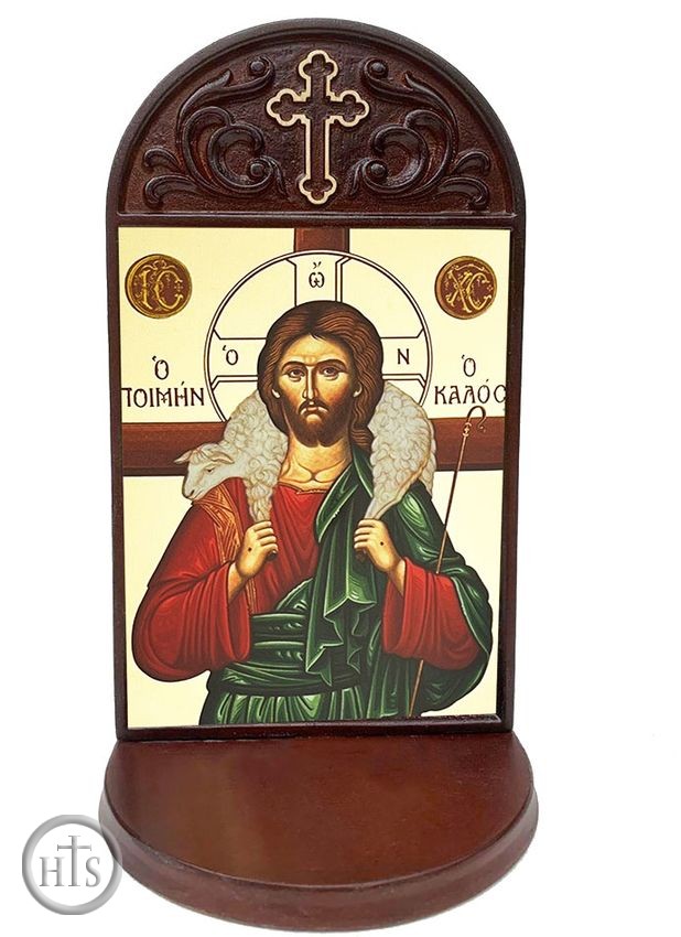 Product Pic - Christ the Good Shepherd, Byzantine Greek Icon in Shrine With Shelf 
