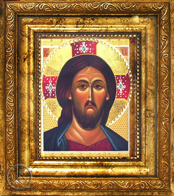 Product Picture - Christ  Pantocrator, Orthodox Gold Framed Icon with Crystals and Glass