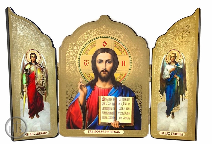 HolyTrinityStore Image - Christ The Teacher / Archangels Michael and Gabriel, Gold Foil Triptych