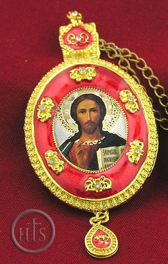 Pic - Christ The Teacher, Oval Shaped Framed Icon Ornament with Crystals & Chain