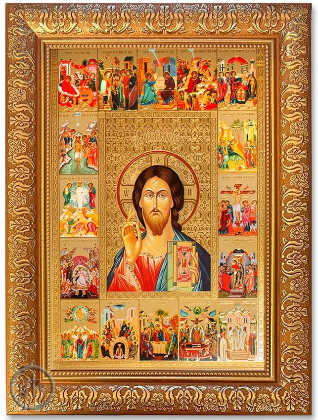 HolyTrinityStore Picture - Christ The Teacher with Feast Days, Framed Gold Foil Orthodox Icon