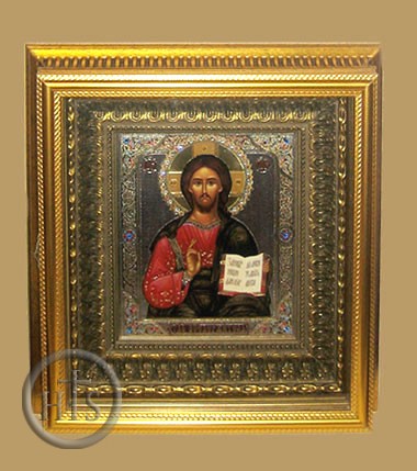 Product Picture - Christ the Teacher, Orthodox Icon with Crystals in Gold Kiot 