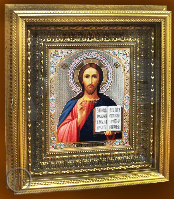 Product Photo - Christ the Teacher, Framed  Icon with Crystals in Gold Kiot 
